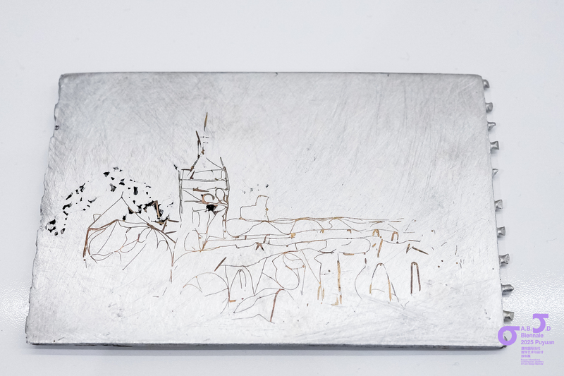 Title of work: Postcard - from Linlithgow  Year: 2025  Material: Recycled aluminium and TECU® Gold copper alloy  Size: 135mm x 90mm