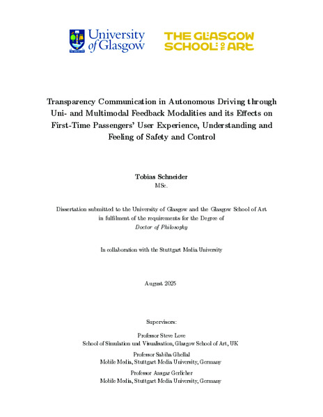 Transparency Communication in Autonomous Driving through Uni- and Multimodal Feedback Modalities and its Effects on First-Time Passengers’ User Experience, Understanding and Feeling of Safety and Control