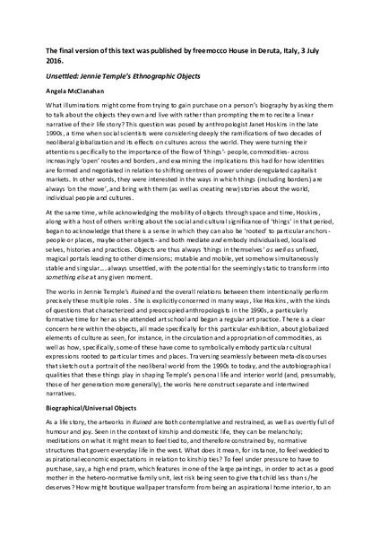 Unsettled: Jennie Temple's Ethnographic Objects