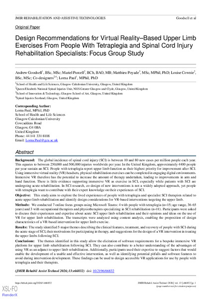 Design Recommendations for Virtual Reality–Based Upper Limb Exercises From People With Tetraplegia and Spinal Cord Injury Rehabilitation Specialists: Focus Group Study