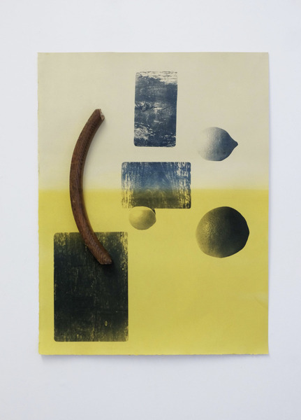 Paper Nothings (citrus), 2023 Cyanotype on BFK Rives paper toned with turmeric and coffee, chair parts 76x56cm