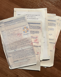 Image of Thinskin prescription scripts, at The Participatory Clinic, Glasgow Women’s Library, 17 May 2025. Photograph by artist