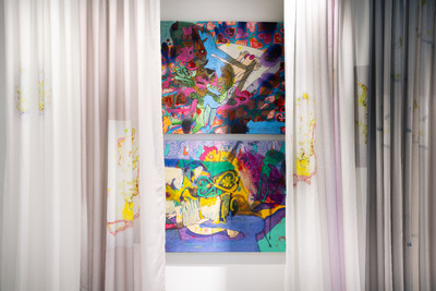 Detail image of Exquisite, Imaginary Cure (curtain) 2025. Also visible: Ward 86 Painting: Shoot and Ward 86 Painting: Horse by John Walter
