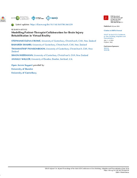 Modelling Patient-Therapist Collaboration for Brain Injury Rehabilitation in Virtual Reality