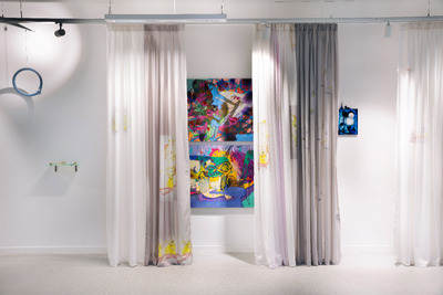 Exquisite Imaginary Cure exhibition view with works by Catarina Moura, John Walter and Michelle Hannah (left to right) with curtain by Zoë Mendelson