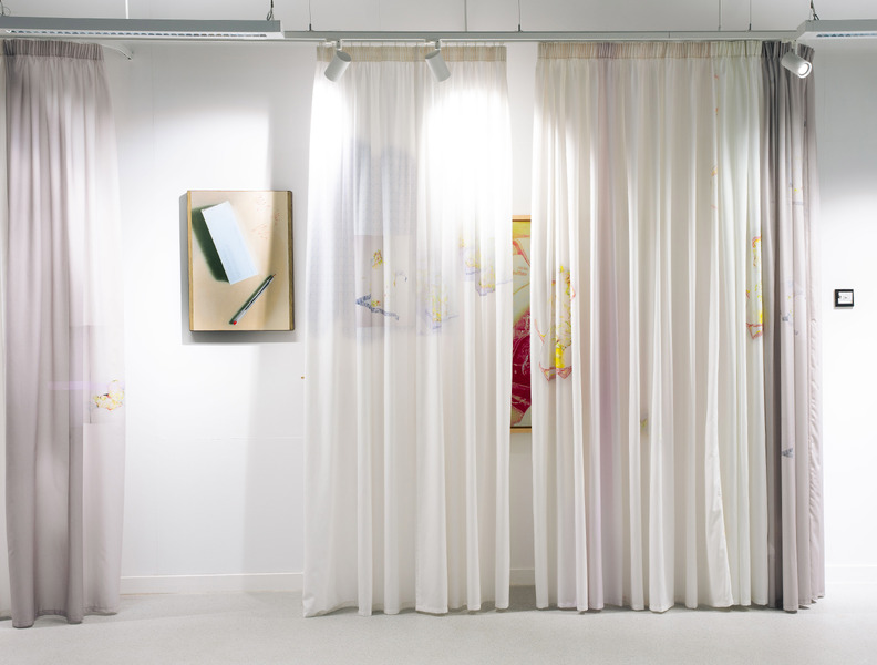 Exquisite Imaginary Cure exhibition view with work by Alex Veness, with curtain by Zoë Mendelson