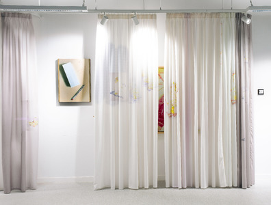 Exquisite Imaginary Cure exhibition view with work by Alex Veness, with curtain by Zoë Mendelson