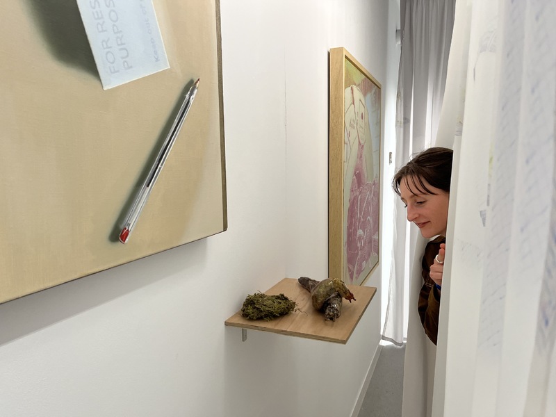 Exquisite Imaginary Cure exhibition view: Lilian Ptáček peeps through the curtain at works by Alex Veness, Abi Palmer and Alek Mechlinski
