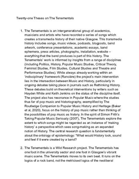 Can a Rock Band Make History?: 21 Theses on The Tenementals
