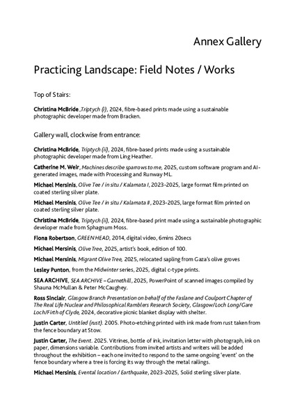 Practicing Landscape: Field Notes - List of Works and Statements