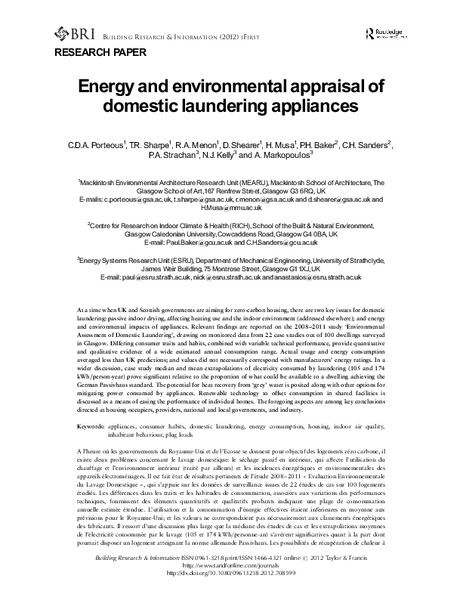 Energy and environmental appraisal of domestic laundering appliances