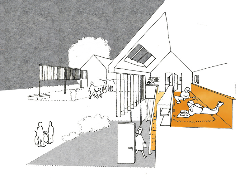 cutaway sketch of house showing sociable hall