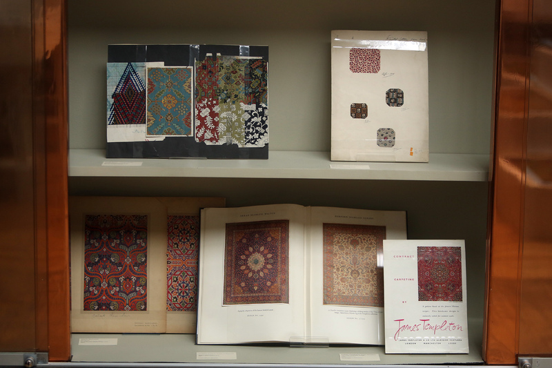 Display cabinet featuring items from University of Glasgow Archive Services - Records of Stoddard International plc, The Glasgow School of Art - Stoddard Design Library and the Museum of Carpet, Kidderminster  Mackintosh Museum, The Glasgow School of Art,