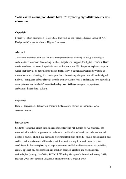 ‘Whatever it means, you should have it’: Exploring digital literacies in arts education