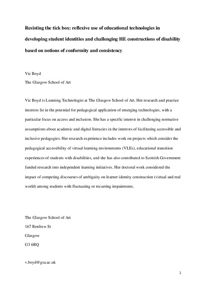 Resisting the tick box: reflexive use of educational technologies in developing student identities and challenging HE constructions of disability based on notions of conformity and consistency