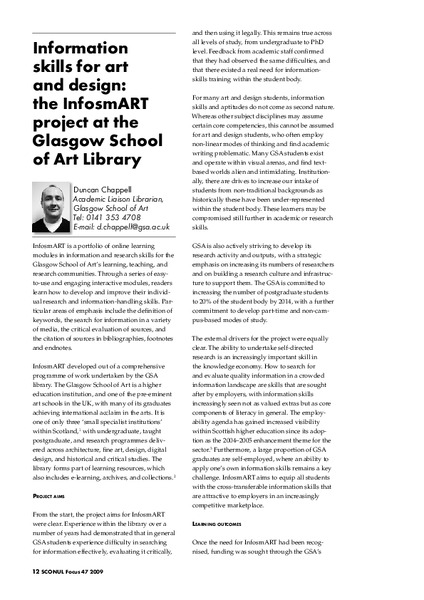Information skills for art and design: the InfosmART project at the Glasgow School of Art