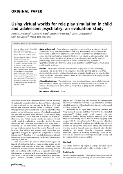 Using virtual worlds for role play simulation in child psychiatry: an evaluation study
