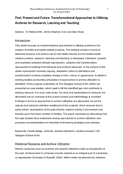 Past, Present and Future: Transformational Approaches to Utilising Archives for Research, Learning and Teaching