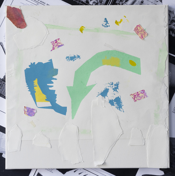 Laurence Figgis, Hugs n Fun-Fun, 2013, gouache, pencil, watercolour, PVA, pasted paper on paper mounted on canvas, 50 x 50 cm