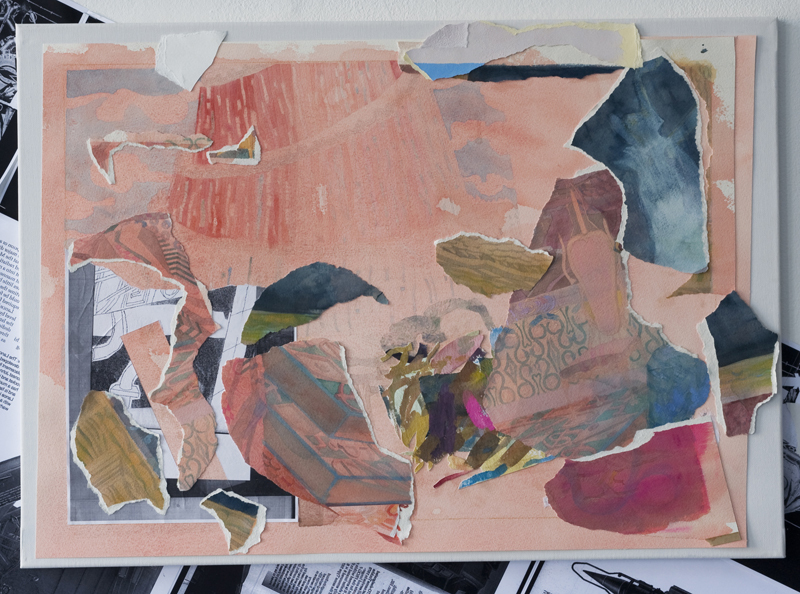 Laurence Figgis, Solvent State of Tori, 2013, pencil, watercolour, gouache, photocopy collage, pasted paper on paper mounted on canvas, 50 x 70 cm