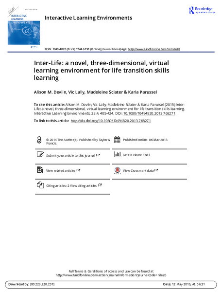 Inter-Life: a novel, three-dimensional, virtual learning environment for life transition skills learning