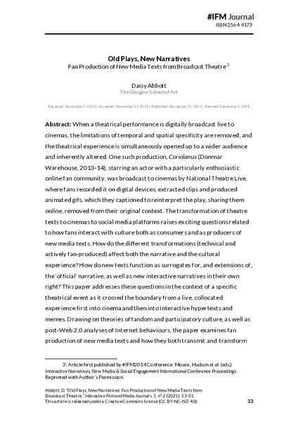 Old plays, new narratives: fan production of new media texts from broadcast theatre