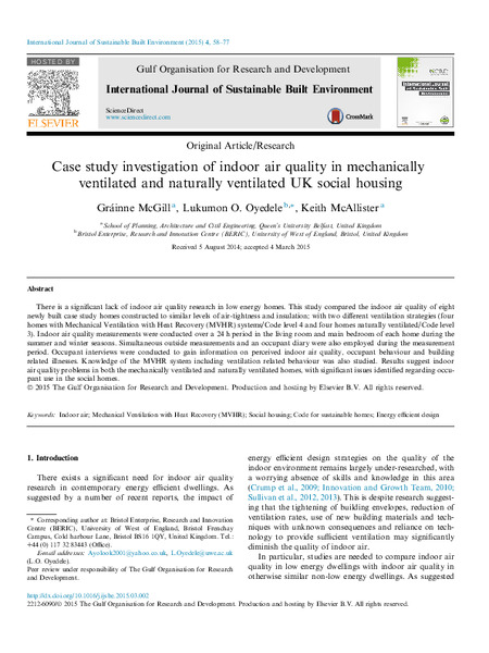 Case study investigation of indoor air quality in mechanically ventilated and naturally ventilated UK social housing