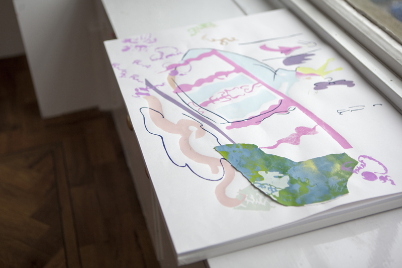 Laurence Figgis, Styrene de Bourgeois Leaned on the Balcony, 2015, gouache, acrylic, watercolour, pasted paper on paper mounted on canvas, 42 x 59 x 2.4 cm