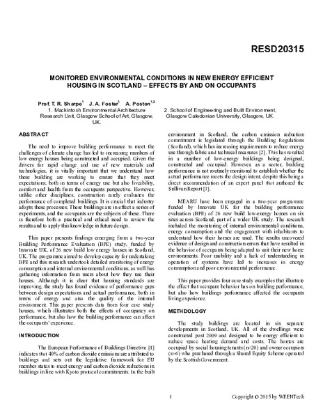 Monitored environmental conditions in new energy efficient housing in Scotland – effects by and on occupants