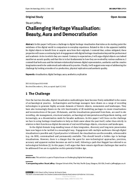 Challenging Heritage Visualisation: Beauty, Aura and Democratisation