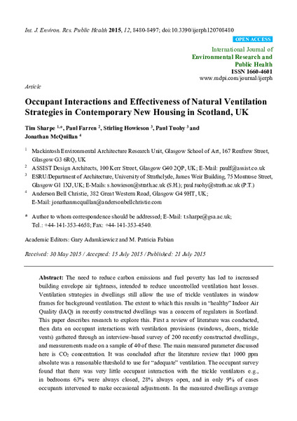 Occupant Interactions and Effectiveness of Natural Ventilation Strategies in Contemporary New Housing in Scotland, UK