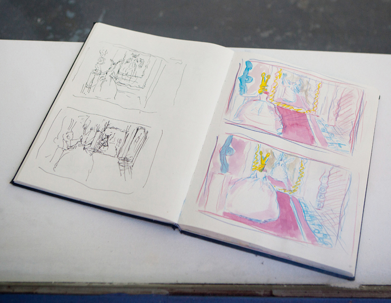 Laurence Figgis, Hugs Athener, 2014, ink, watercolour, crayon on sketchbook page, 28 x 43 cm
