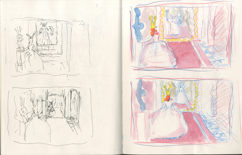 Laurence Figgis, Hugs Athener, 2014, ink, watercolour, crayon on sketchbook page, 28 x 43 cm