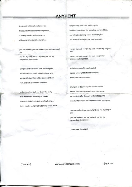 Laurence Figgis, ANYKENT, 2015, poem printed on paper, 21 x 19.7 cm