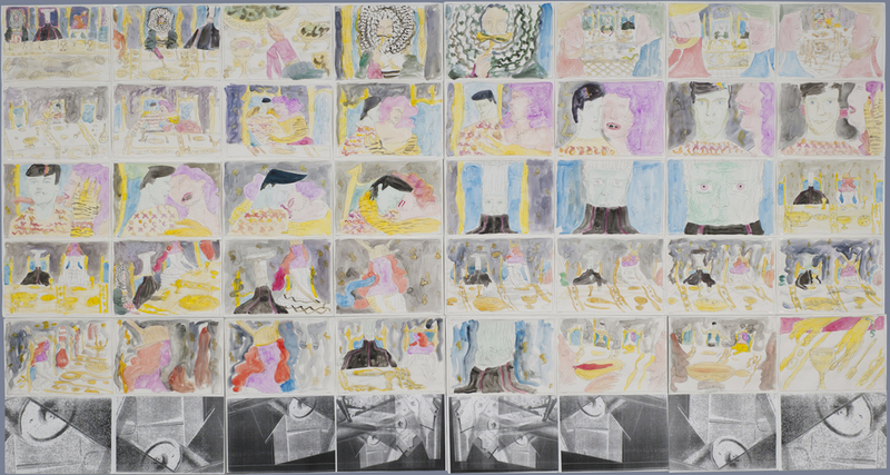 Laurence Figgis, Hall of Solid-Profit, 2015, ink, watercolour, digital print on paper, mounted on foam-board, 126.1 x 237.8 cm