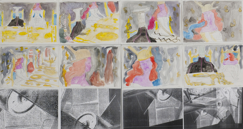 Laurence Figgis, Hall of Solid-Profit, 2015 [detail], ink, watercolour, digital print on paper, mounted on foam-board, 126.1 x 237.8 cm