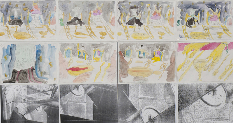 Laurence Figgis, Hall of Solid-Profit, 2015 [detail], ink, watercolour, digital print on paper, mounted on foam-board, 126.1 x 237.8 cm