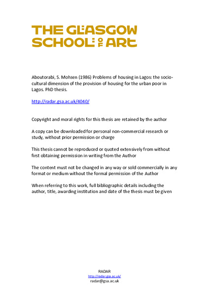 Problems of housing in Lagos: the socio-cultural dimension of the provision of housing for the urban poor in Lagos