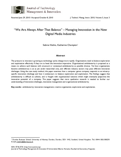 "We are always after that balance” – managing innovation as ambidexterity in the new digital media industries