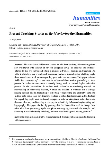 Present teaching stories as re-membering the humanities