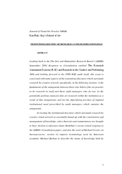 Institutionalised Fine Art Research as Stigmatised Knowledge