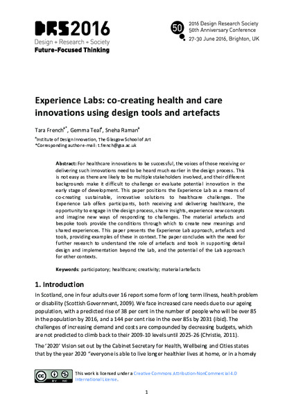 Experience Labs: Co-Creating Health and Care Innovations Using Design Tools and Artefacts
