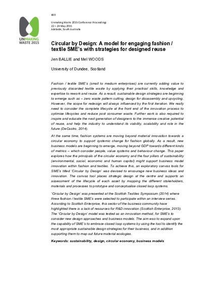 Circular by Design: A model for engaging fashion / textile SME’s with strategies for designed reuse
