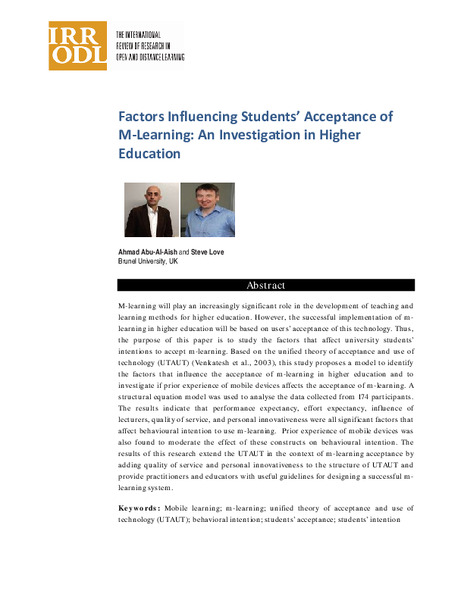 Factors influencing students’ acceptance of m-learning: An investigation in higher education