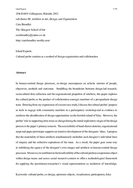 Island Exports:
Cultural probe creation as a method of design organisation and collaboration