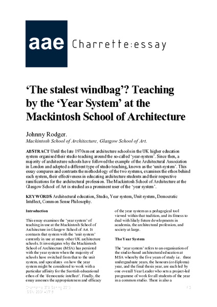 'The Stalest Windbag?' Teaching in the 'Year System' at the Mackintosh School of Architecture