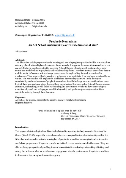 Prophetic Nomadism: An Art School Sustainability-Oriented Educational Aim?
