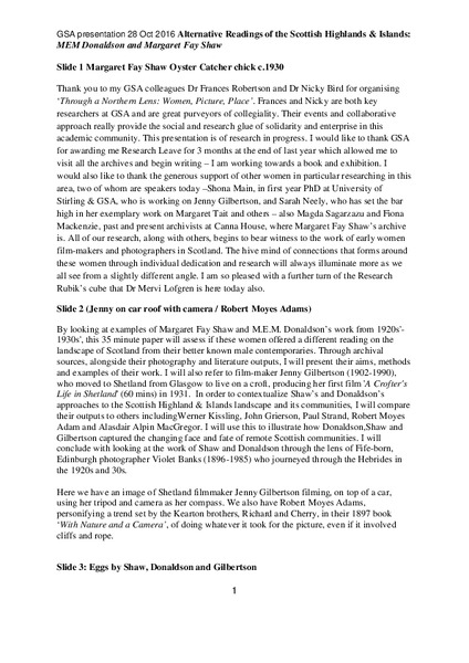 Alternative readings of the Scottish Highlands & Islands: Margaret Fay Shaw and Mary Ethel Muir Donaldson