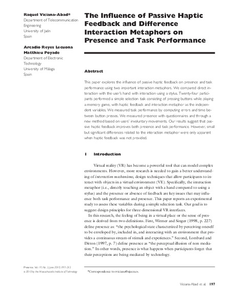 The influence of passive haptic feedback and difference interaction metaphors on presence and task performance