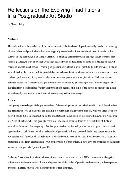 Reflections on the Evolving Triad Tutorial in a Postgraduate Art Studio